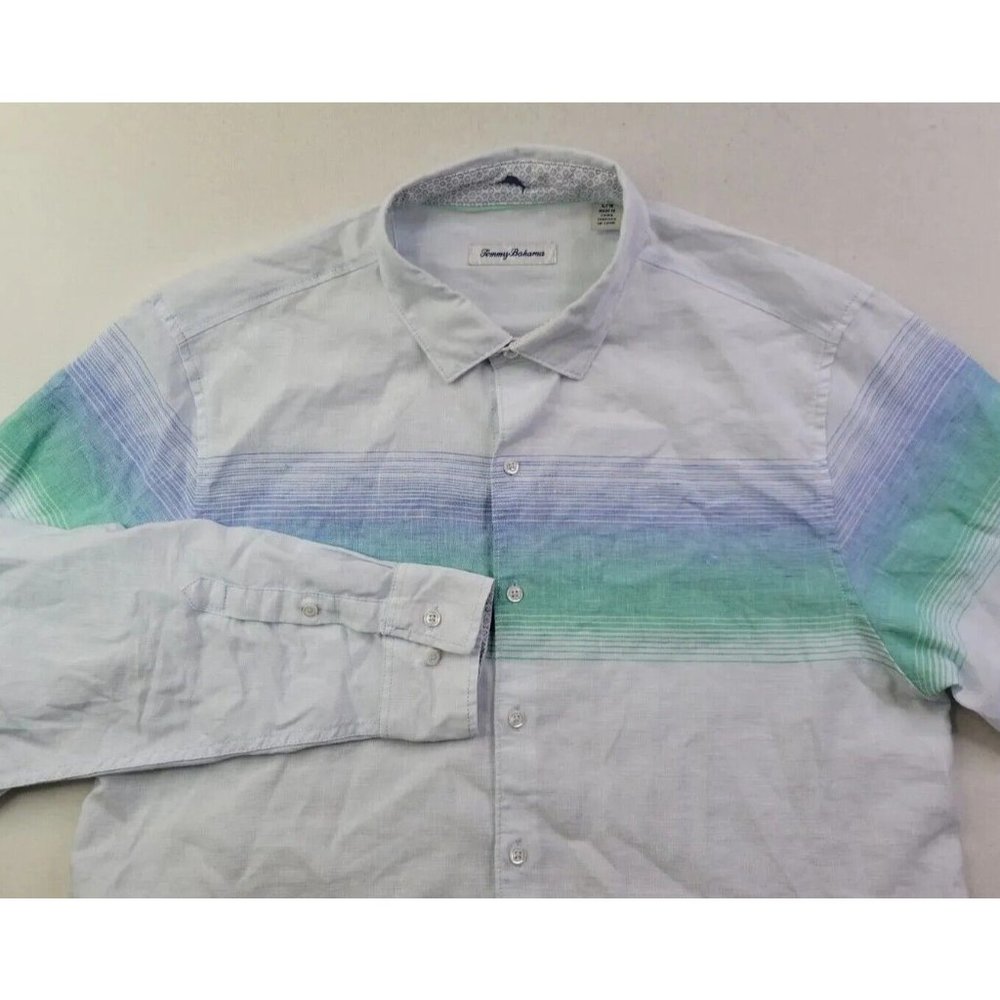 Tommy Bahama Men's L Pale Blue Green Stripe Casual Button Shirt Linen Blend LS